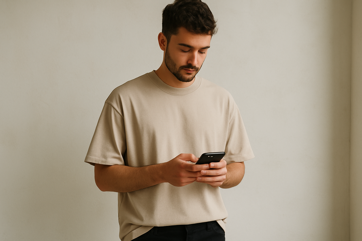 Men Wearing a Drop Shoulder Tee holding a phone